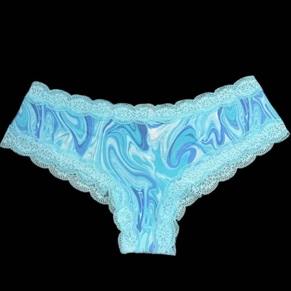 Victorias Secret Pink Soft Cotton Lace Trim Cheekster panty aqua blue marble XL